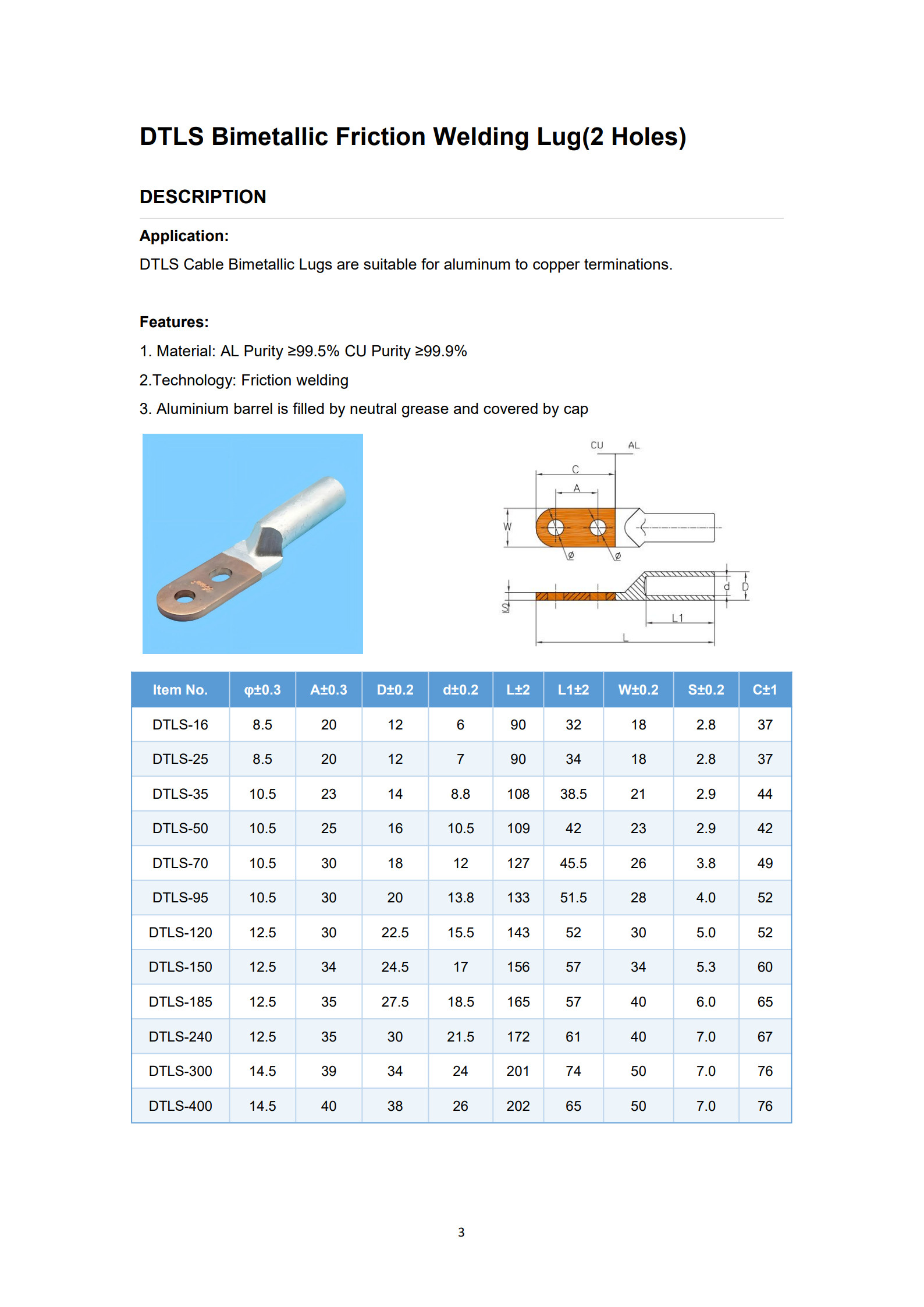 DTLS Double Holes Bimetal Cable Lugs detail 1